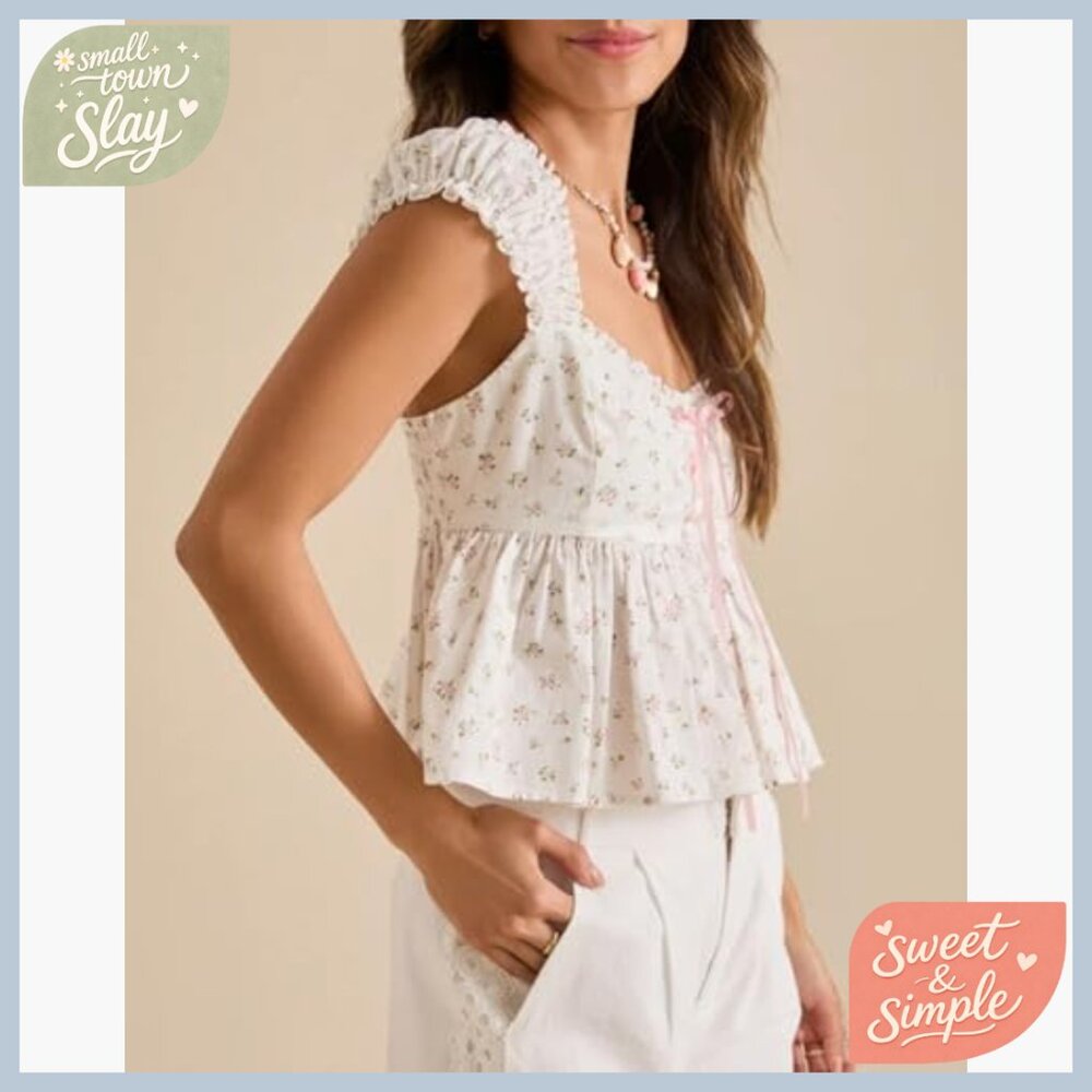 Floral Babydoll Top Smocked Back Cap Sleeves Summer Tank - Picture 4 of 4